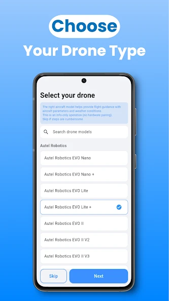 Drone model selection screen