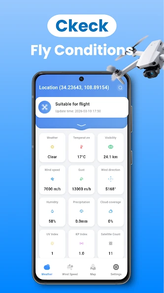 App screen showing current drone flight conditions including wind, gusts and visibility